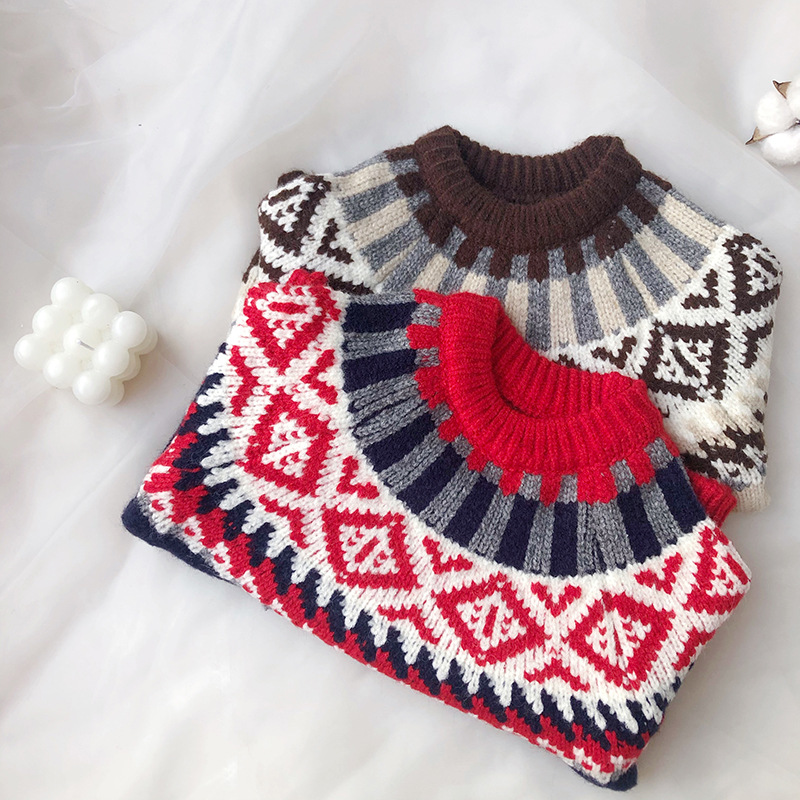 儿童复古图案毛衣手工拼色羊毛混纺男女宝宝厚款冬季新款毛衣