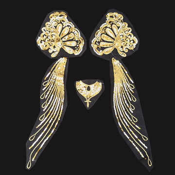 网纱亮片金线羽毛凤尾胸花花纹刺绣布贴旗袍礼服舞台装饰辅料l20