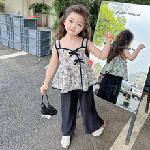 新中式复古黑白吊带两件套女童夏季套装薄款阔腿裤儿童夏装中国风