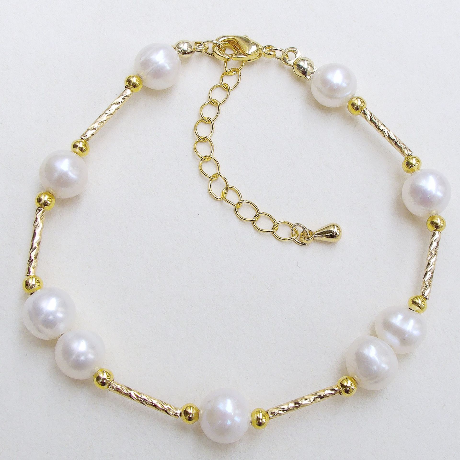 6-7m天然淡水珍珠 手链 近圆 diy手工制作 满天星金珠 白色简约款