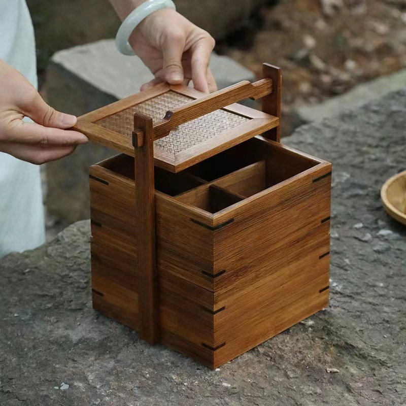 木质提梁食盒茶道收纳盒商用三层多功能手提实木茶盘茶盒置物盒
