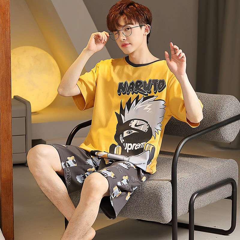 Summer Men's Short Sleeve Pajamas Purified Cotton Pajama Pants Boys Weight-Catcher Boy Summer Cartoon Junior High School Students Boys' Thin