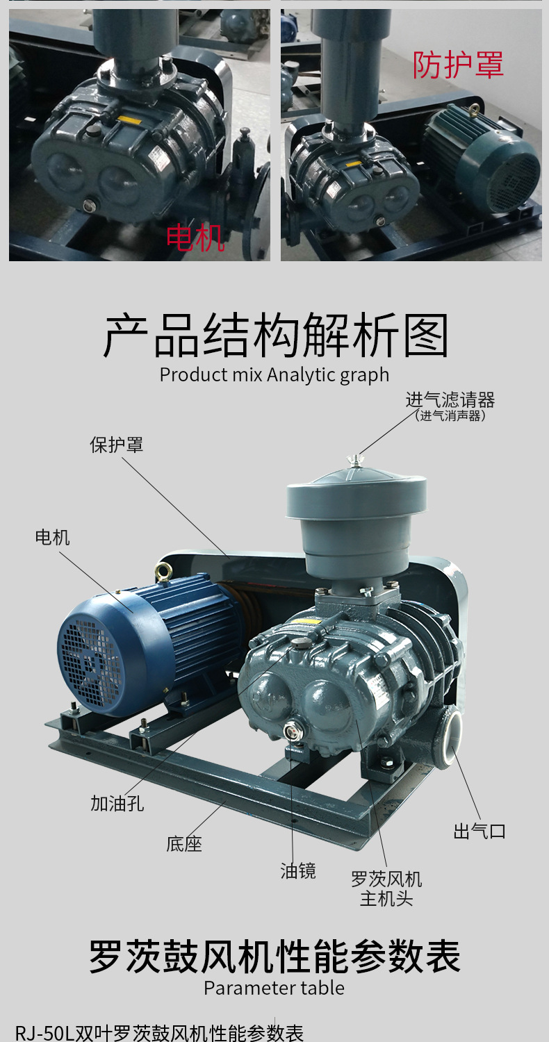 锐景三叶罗茨鼓风机水产养殖增氧机活鲜运输车氧气泵鱼塘增氧曝气