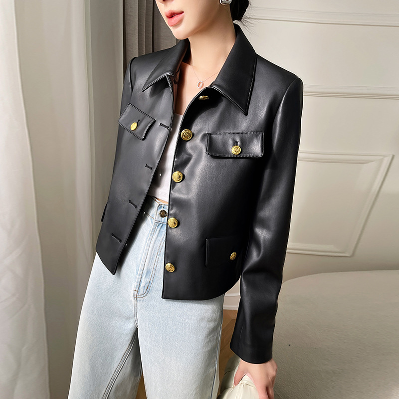 时髦皮衣女款外套早秋装黑色仿水洗皮外套机车服潮牌皮装夹克外衣