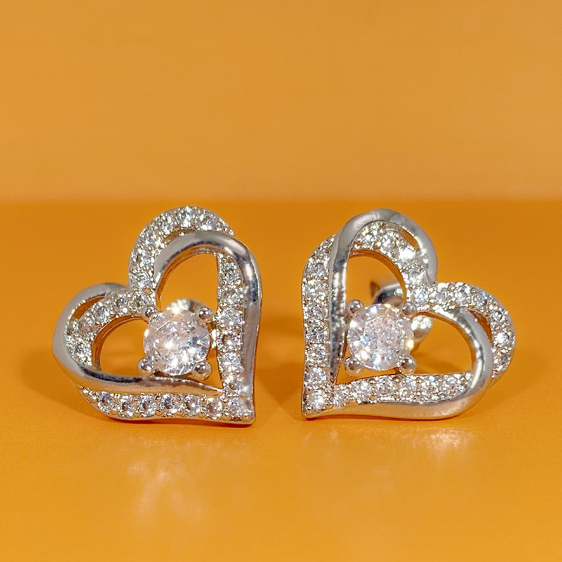 时尚气质双层交织心形微镶耳钉 新潮简约小巧几何感镶钻耳环