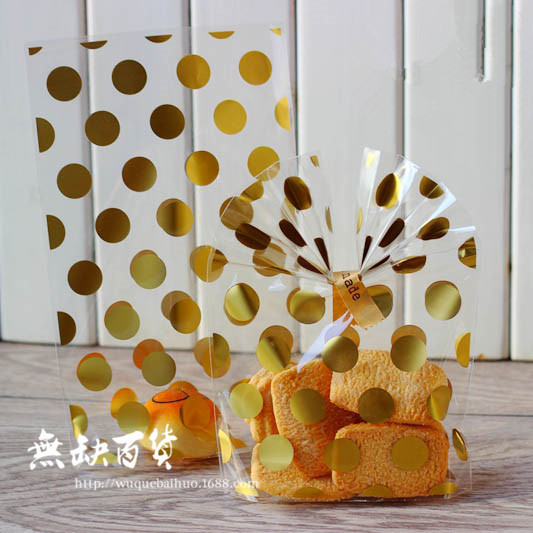 Factory Customized Gold Polka Dot Vertical Flat Bag Baking Bread Biscuit Candy Packaging Bag Gift Decoration Bag