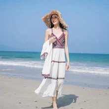 夏季2021性感纯色白色均码现货海边风棉麻吊带裙雪纺外套套装