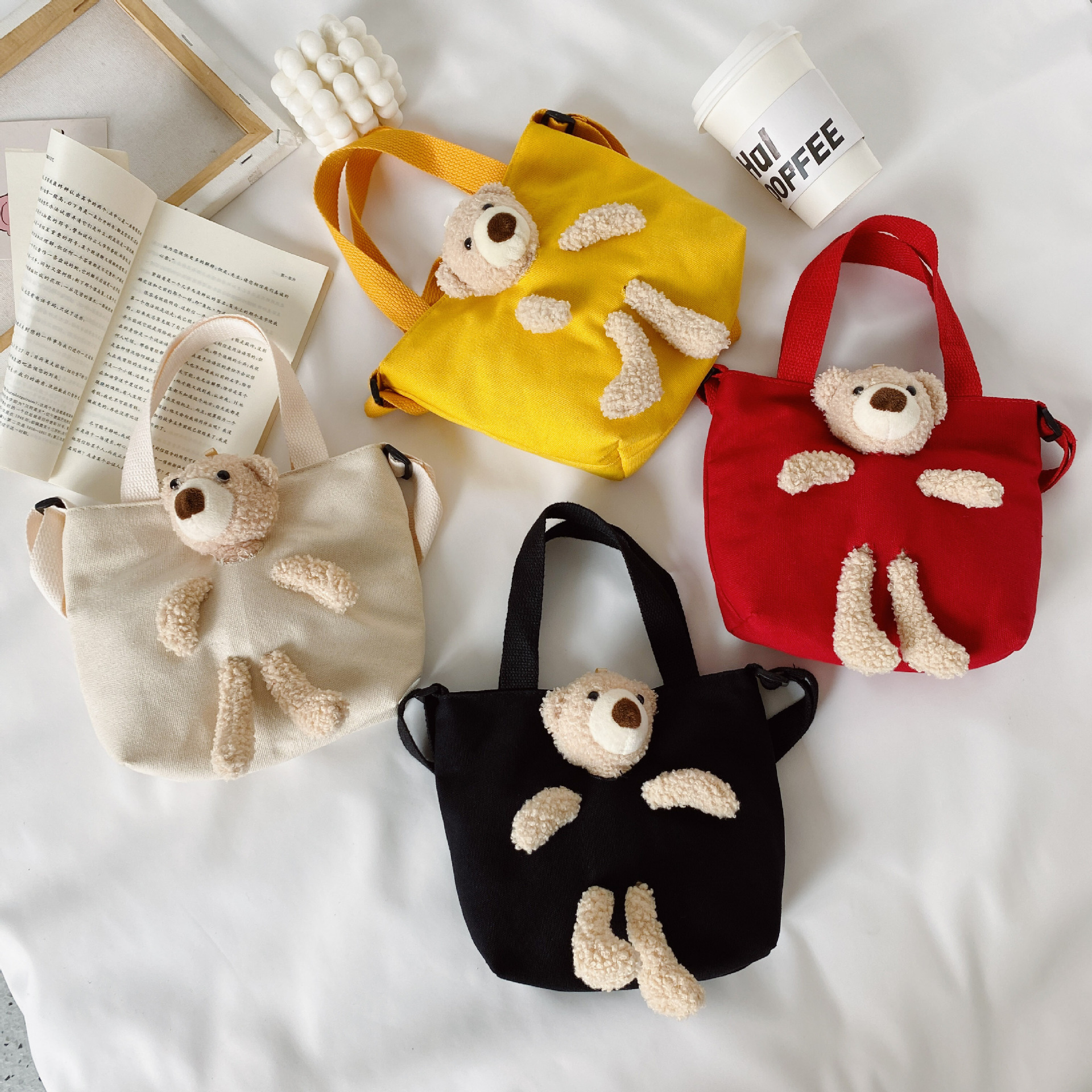 新款儿童帆布包包卡通小熊玩偶包亲子单肩斜挎包男女童休闲配饰包