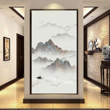 新中式轻奢风18d玄关水墨壁纸山水画抽象墙壁画客厅竖版过道墙布