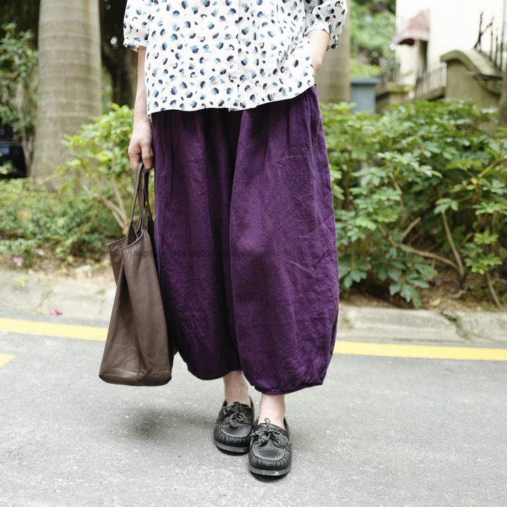 日本潮牌四季休闲版型个性抽绳腰洗水亚麻灯笼裤4色