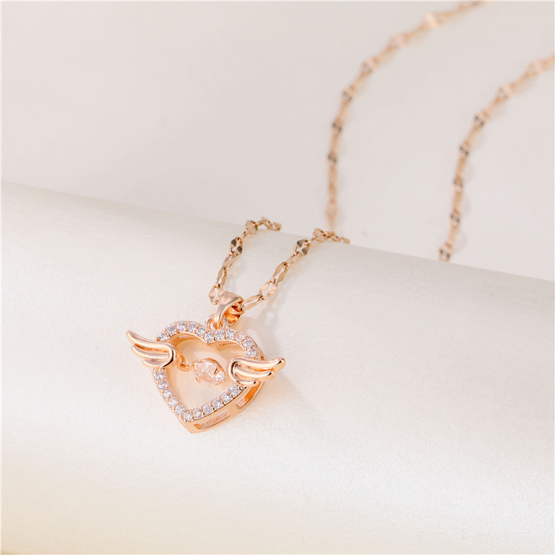 Titanium Steel Necklace Women's Love Angel Jeweled Pendant Korean Fashion Ol Simple Rose Gold Zircon Clavicle Chain Necklace