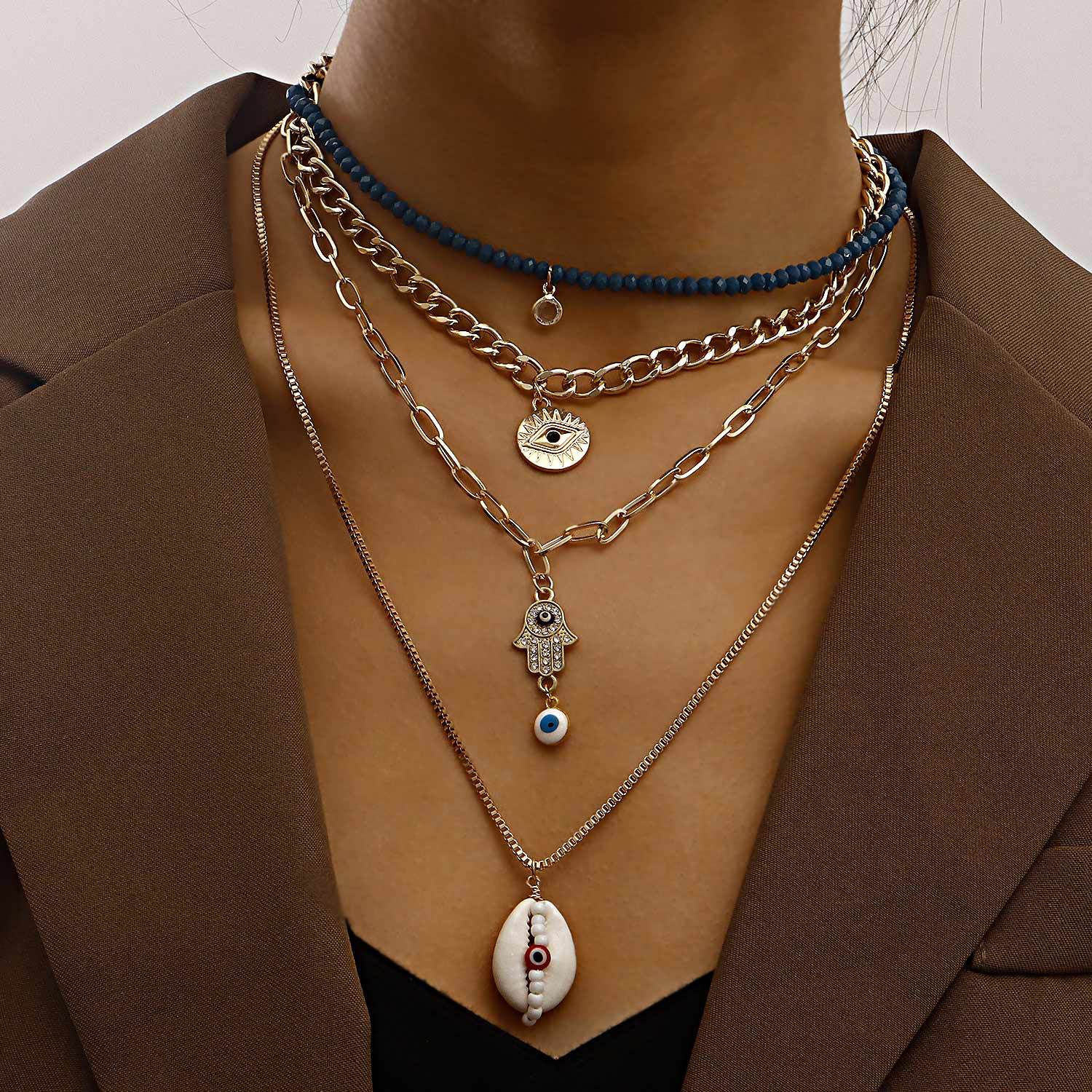 8成交20pcs跨境 配饰 新品欧美多层圆圈链环项链女三条组合链合金饰品