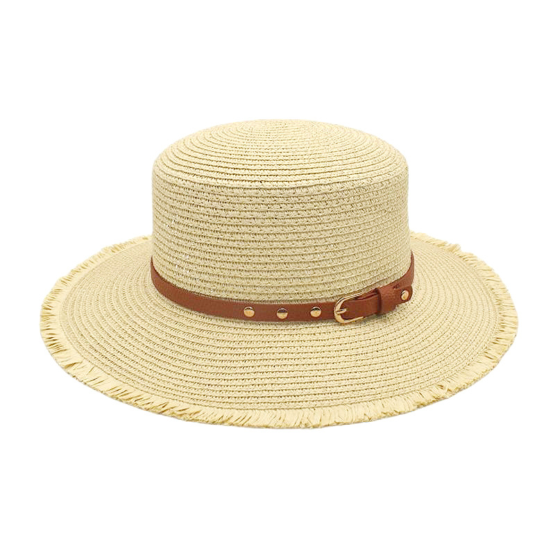 Spring and Summer Beach Ladies Sun Protection Hat British Belt Straw Woven Flat Top Hat Outdoor Sunshade Jazz Flat Straw Hat