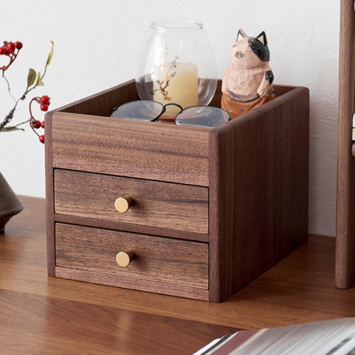 实木茶饼收纳盒首饰杂物收纳柜桌面双层玄关小抽屉式家用批发