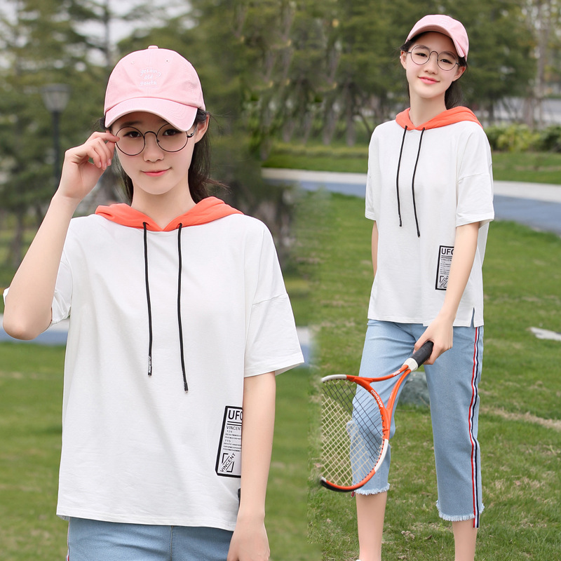 少女夏装中学生夏季宽松上衣高初中生短袖t恤卫衣七分裤套装