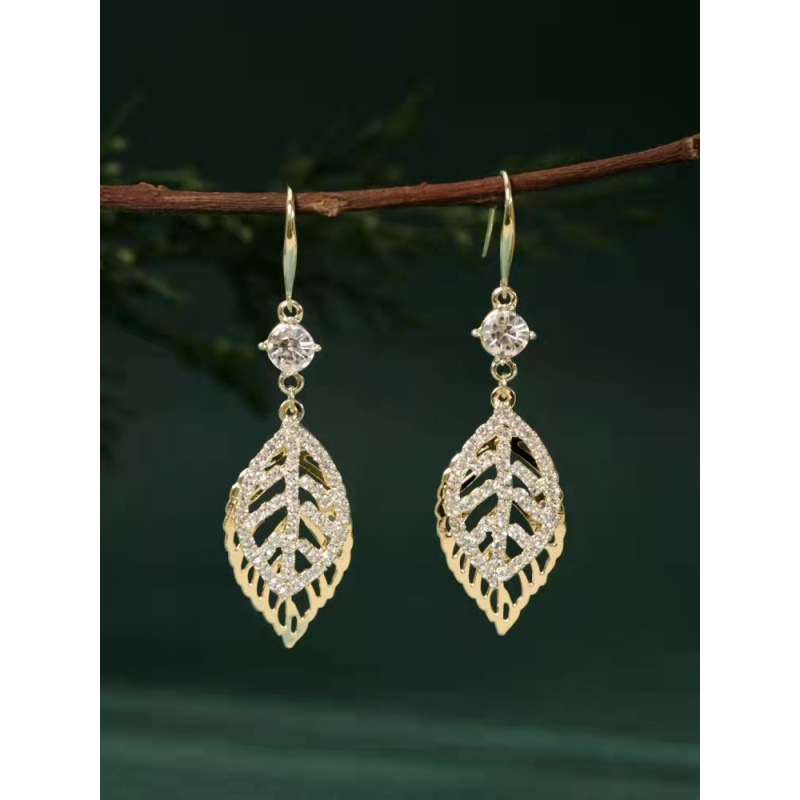 Leaf Diamond All-Match Ear Hook Sterling Silver Needle Personalized French Korean Style High-Grade All-Match Earrings