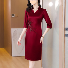 新新款婚礼妈妈礼服旗袍醋酸缎高档喜婆婆新式旗袍礼服中长款