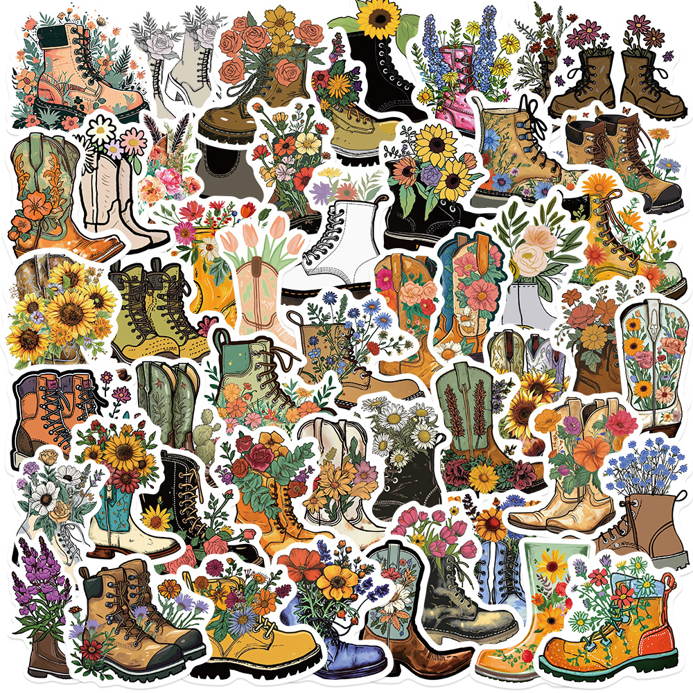 50张文艺复古带花的靴子涂鸦贴纸拉杆箱笔记本电脑头盔贴画防水批
