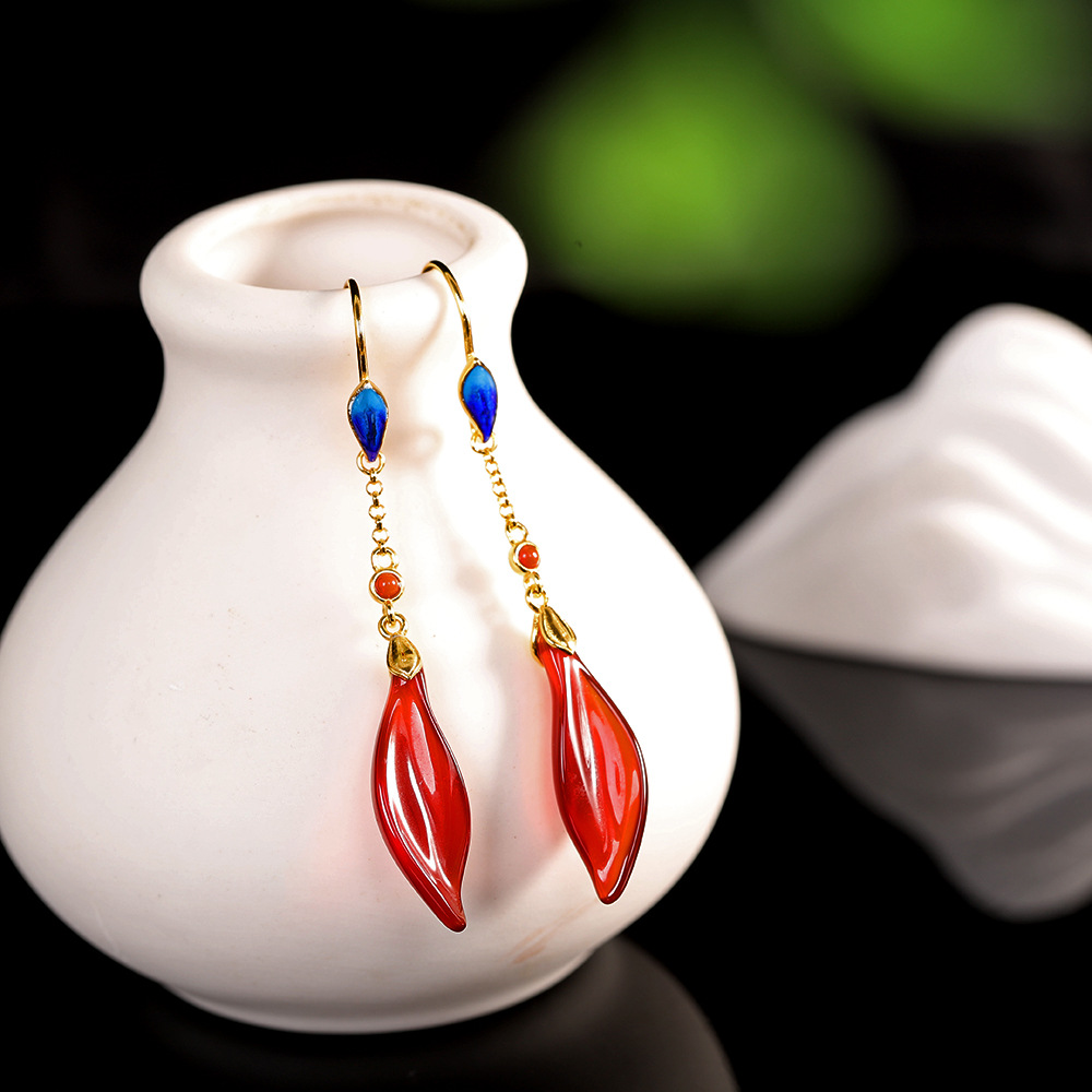 人品银品 时尚创意耳饰s925银镀金饰品女长款红玛瑙耳坠 气质耳环