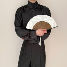 新中式复古宽松高领盘扣衬衫高级暗纹中国风长袖