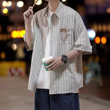 日系条纹衬衫短袖男夏季寸衣设计感上衣外套潮牌潮流痞帅港风衬衣