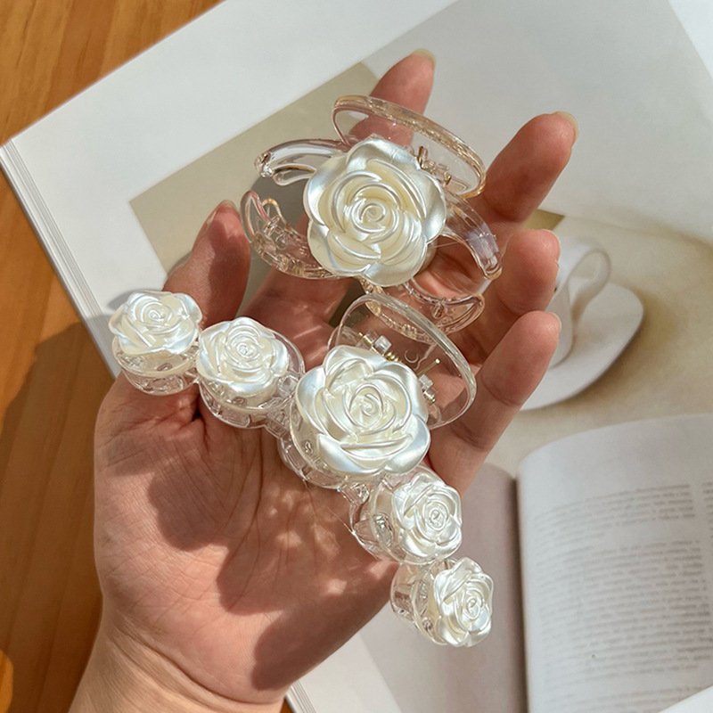 Korean Style Cream White Rose Barrettes Transparent Acrylic Jaw Clip Hair Accessories Women's Fresh Sweet Shark Clip Hair Claw Headdress