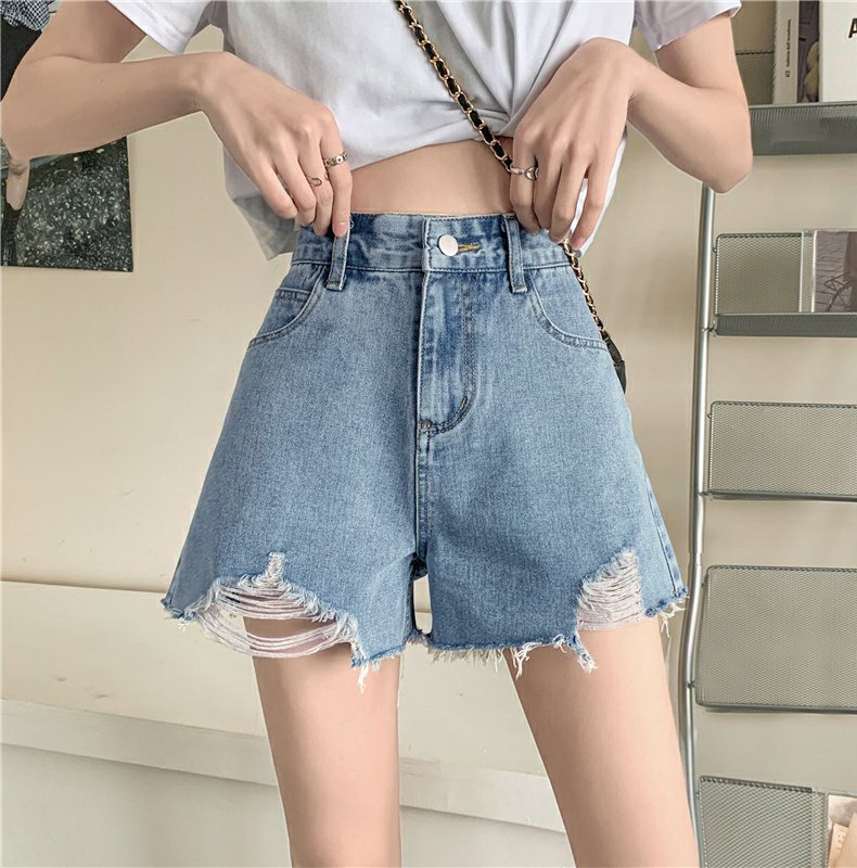 Black Jeans Shorts for Women 2023 Summer New Korean Style Ripped High Waist Slimming Hot Pants Hot Girl Wide-Leg Pants