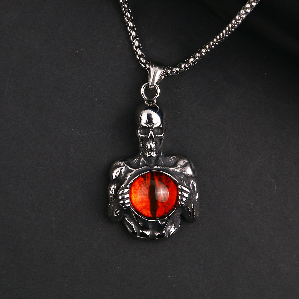 欧美霸气哥特风男士恶魔之眼骷颅头吊坠项链