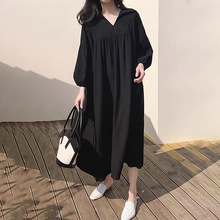 韩国chic秋季简约设计V领落肩袖拼接层次感纯色宽松长袖A字连衣裙
