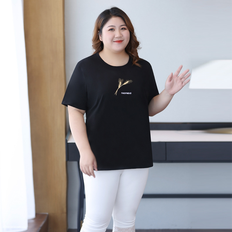 Large Size Women's Short-Sleeved T-shirt Women's 100.00kg Loose Plump Girls Summer Slimming European Goods plus-Sized plus Size Top