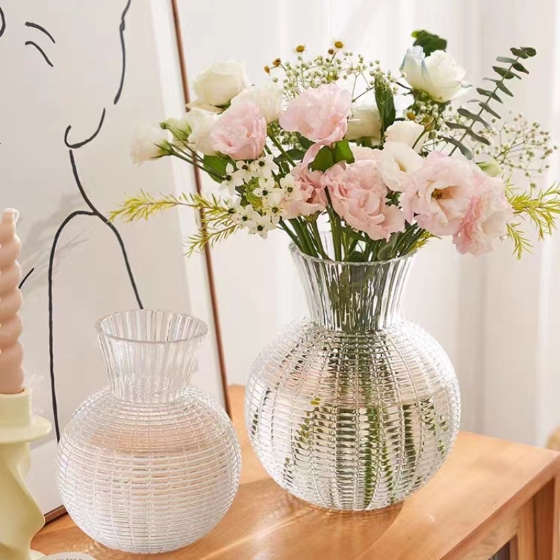 Factory Direct Sales Simple Style Creative Grid Big Belly Vase Hydroponic Flowers Artificial Flower Arrangement Vase