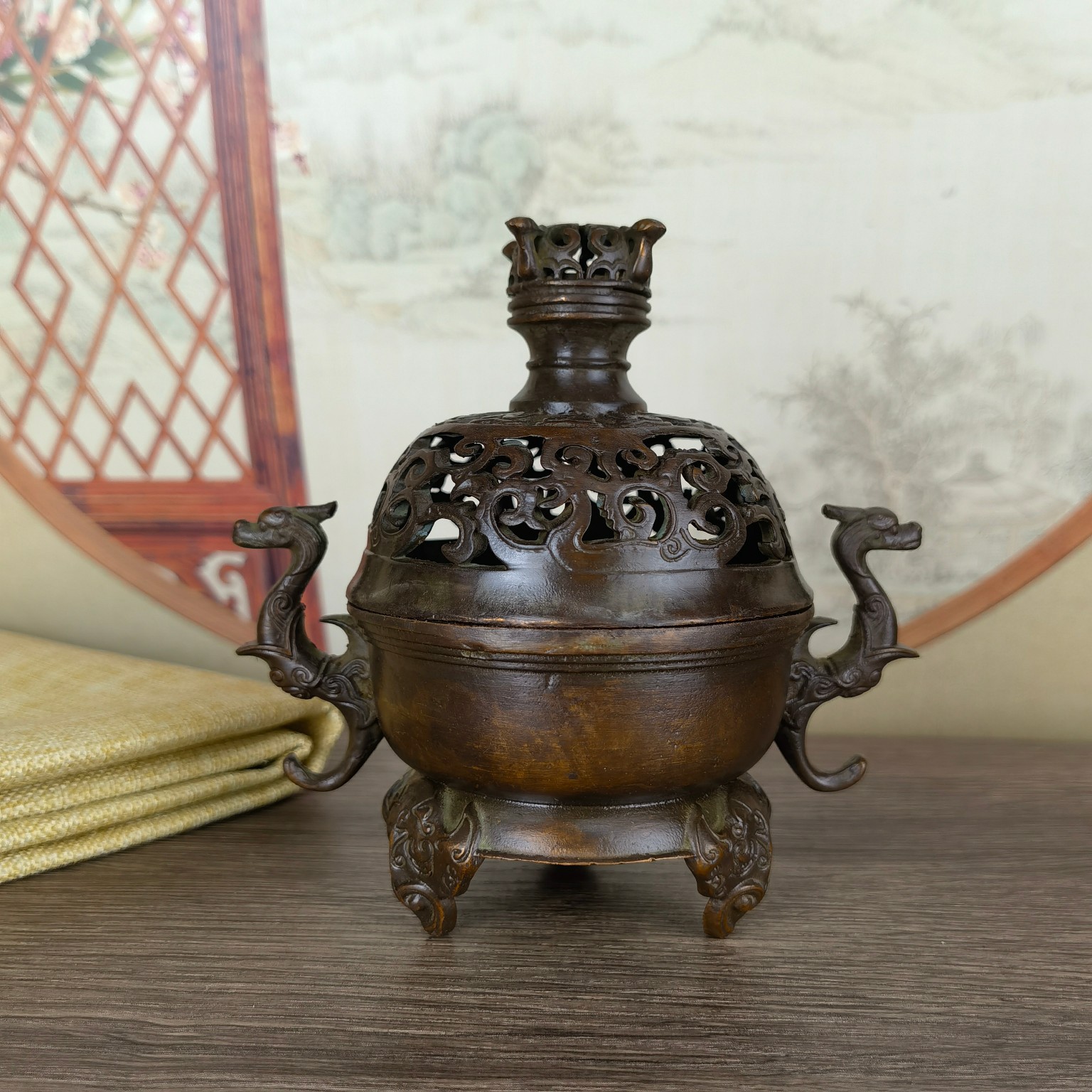做旧仿古铜大明宣德双耳貔貅开盖香薰炉摆件家居办公室茶桌盘香炉