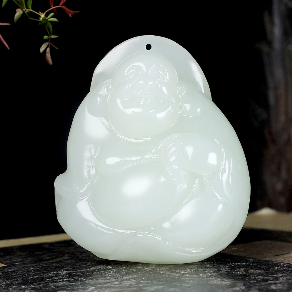 厂家直销新疆和田玉白玉佛公吊坠手工雕自在逍遥佛笑佛玉挂件