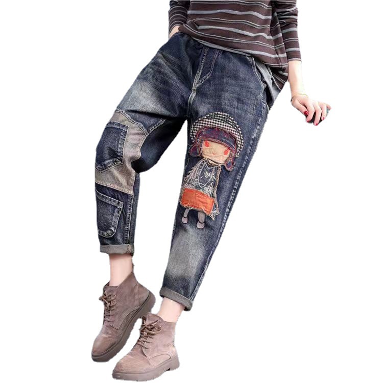 Export Foreign Trade Jeans Women Loose 2022 Spring New Elastic Waist Casual plus Size Paste Cloth Embroidery Harem Pants