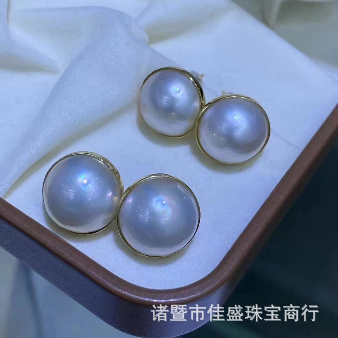 18k金素边淡水马贝珍珠耳钉14-15mm强光基本无暇耳环高级百搭