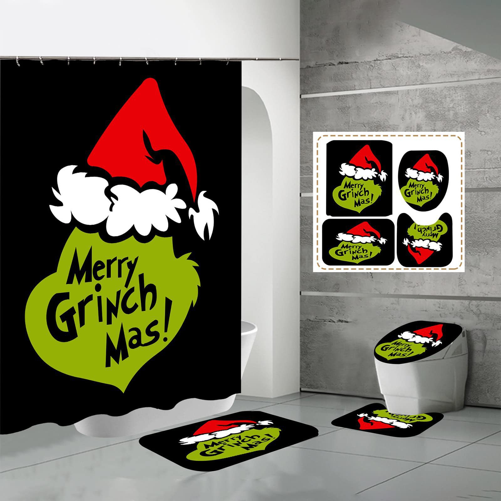 Jingling Bell Bathroom Waterproof Four-Piece Set Shower Curtain Cloth Shower Curtain Christmas Grinch 3D Digital Printing Home Decoration