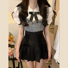 套装女韩版夏季新款法式气质马甲背心+短袖衬衫+百褶半身裙三件套