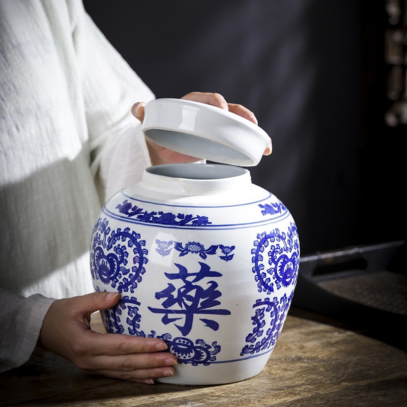 陶瓷中药陶瓷罐子草药坛子带盖密封罐中药粉储藏罐储物罐可加logo