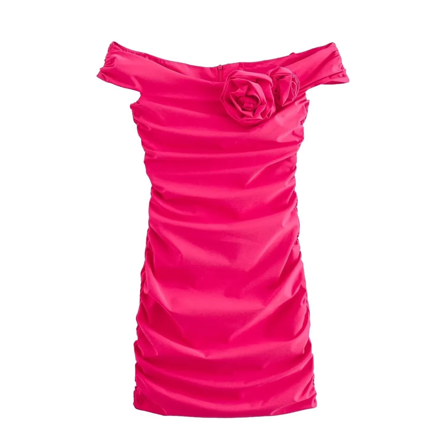 外贸2024欧美夏新款时尚一字领花朵红色褶皱短裙连衣裙女3466880