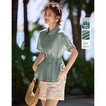 XWI/欣未收腰显瘦短袖衬衫女式夏季通勤简约衬衣设计小众天丝上衣