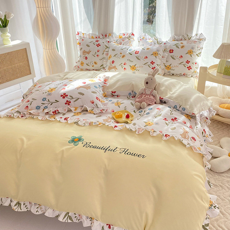 New Double-Layer Yarn Printed Four-Piece Bedding Set Pastoral Style Fresh AB Surface Fashionable and Elegant Comfortable Soft Good-looking