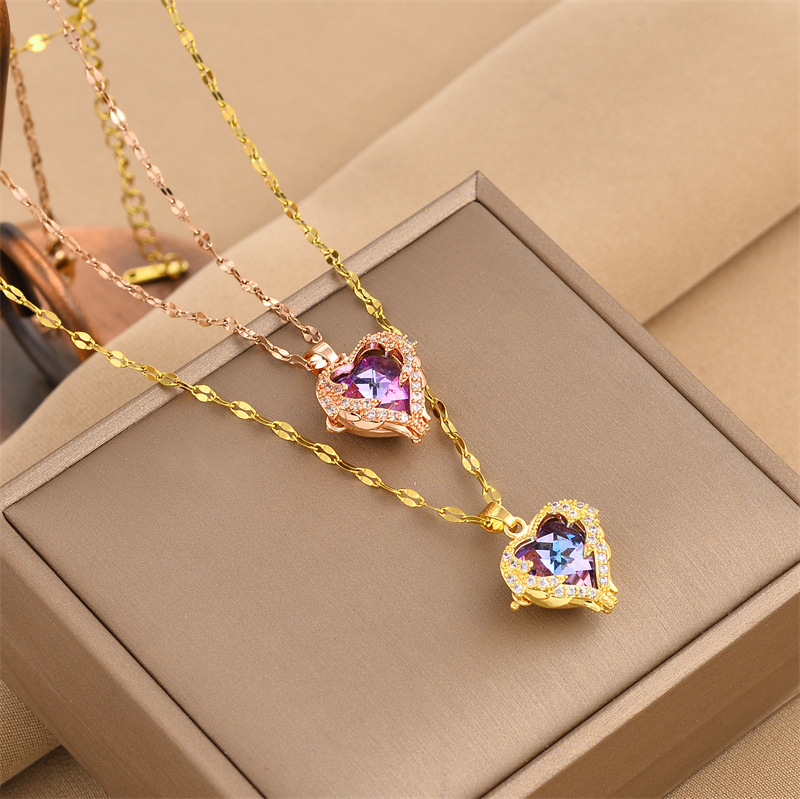 Europe and America Cross Border Heart of the Ocean Love Color Water Gold Pendant Titanium Steel Necklace Women's Non-Fading Accessories Jewellery Wholesale