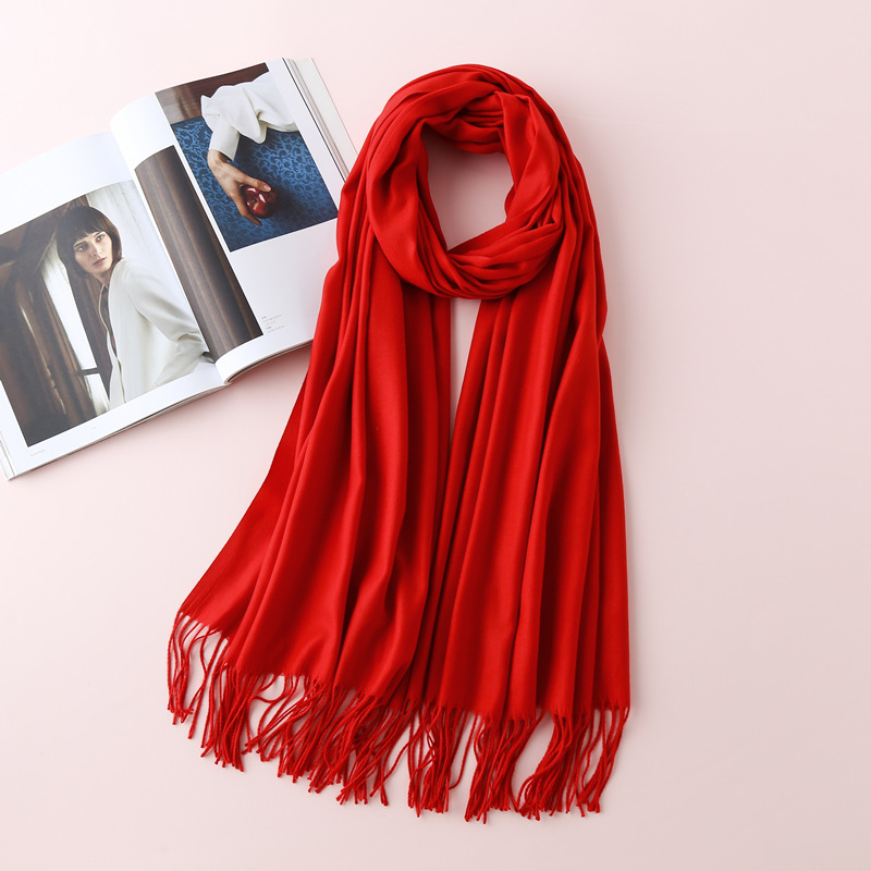 Cashmere-like Solid Color Scarf Women's Monochrome Thickened Warm Tassel Shawl Scarf Red Scarf Wholesale Delivery