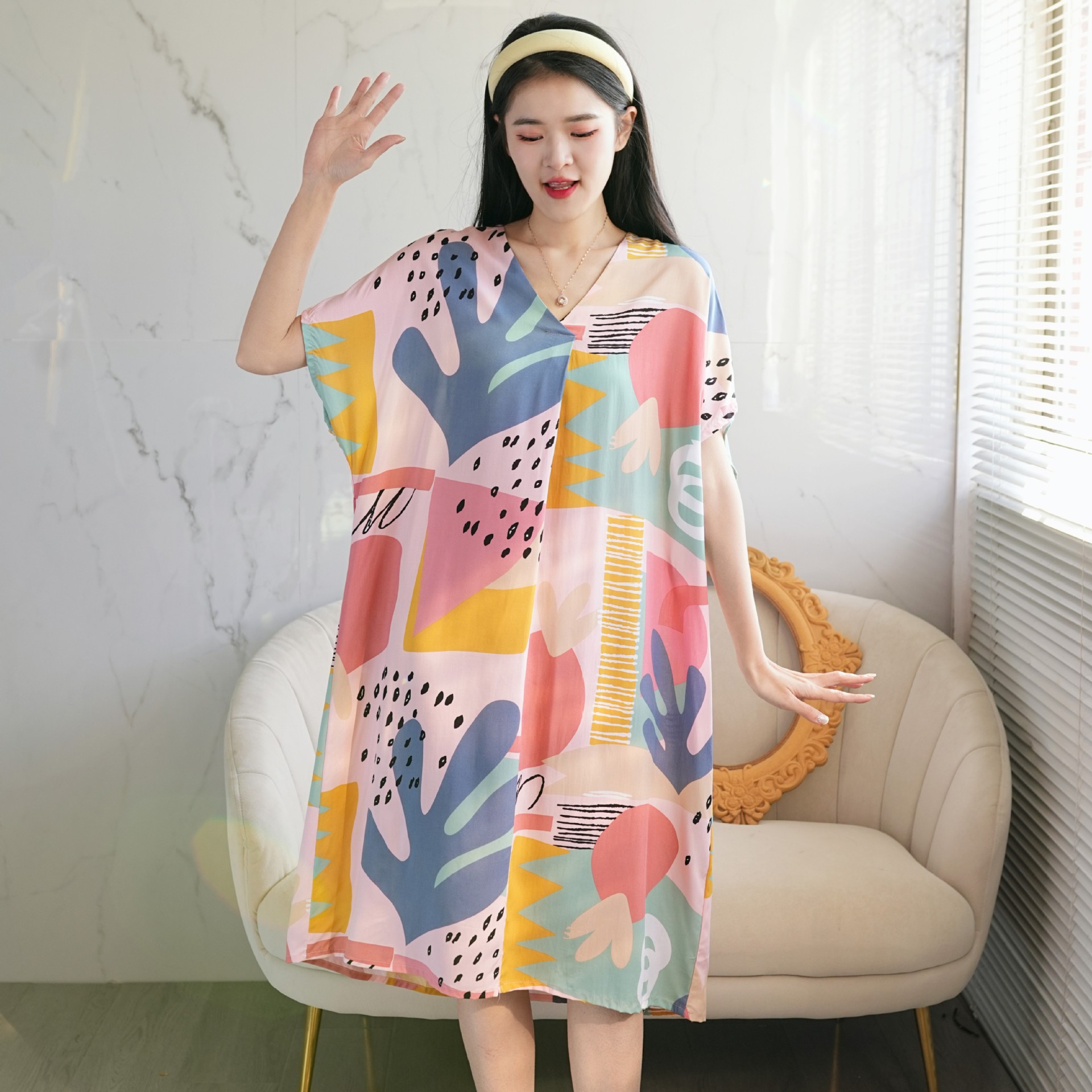 Summer New Artificial Cotton Nightdress Japanese Style Large Size V-neck Short-Sleeved Dress Thin Loose Home Wear Factory Wholesale