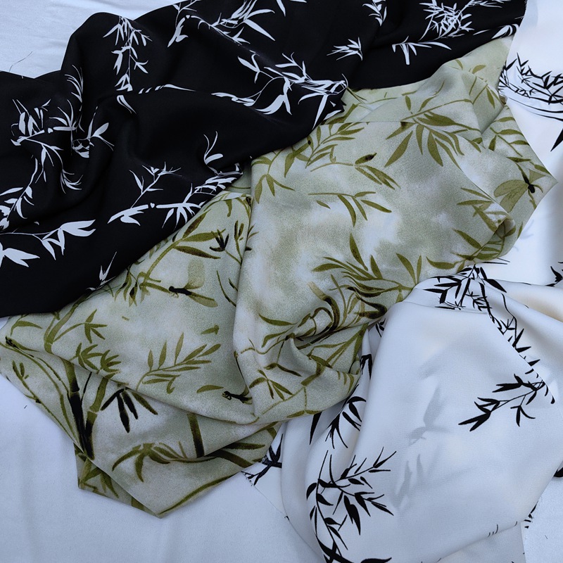 竹韵中国风印花服装面料平纹竹子印花旗袍古风新中式印花布料2024