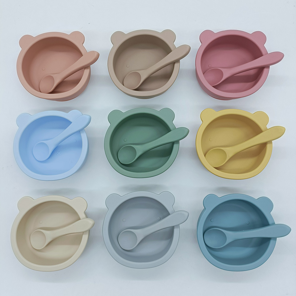 food silicone bear bowl and spoon infant drop-resistant solid food bowl baby learning food training feeding tableware wholesale