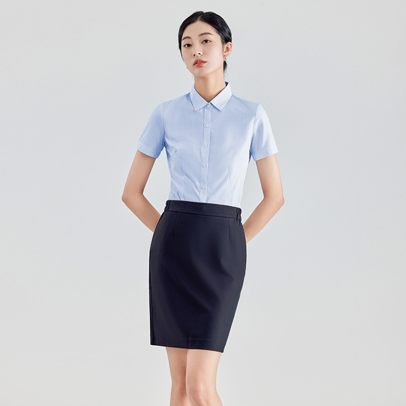 蓝色条纹短袖衬衫夏季男女同款职业银行工作服竹纤维衬衣正装工装