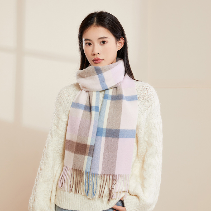 2023 New Pure Wool Scarf Women's Autumn and Winter Warm Scarf Thick Fashion Versatile Korean Style Fresh Plaid Scarf