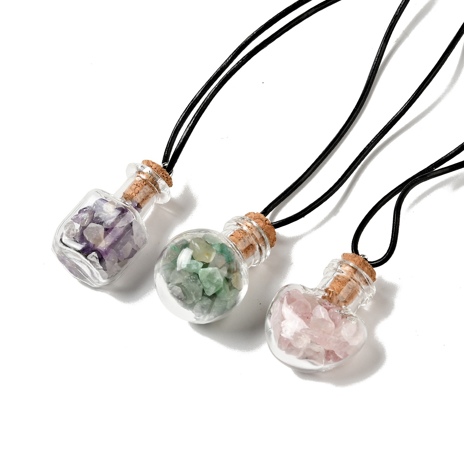 跨境热销天然水晶粉晶紫晶绿东陵玻璃许愿瓶皮绳碎石吊坠项链皮绳