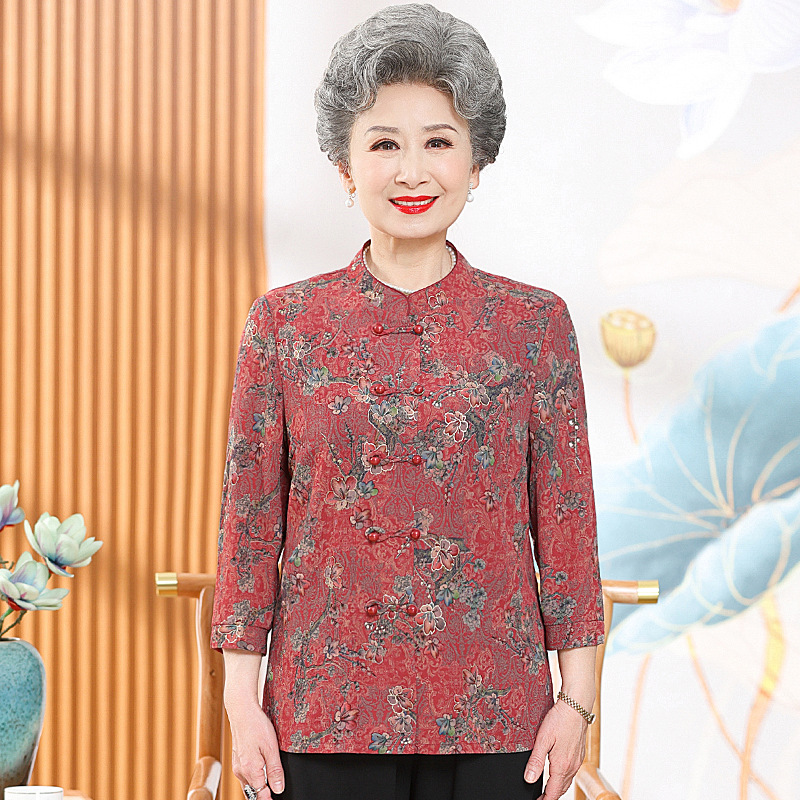 老年人奶奶夏装中袖圆领t恤中老年女装70岁妈妈夏季短袖老人上衣